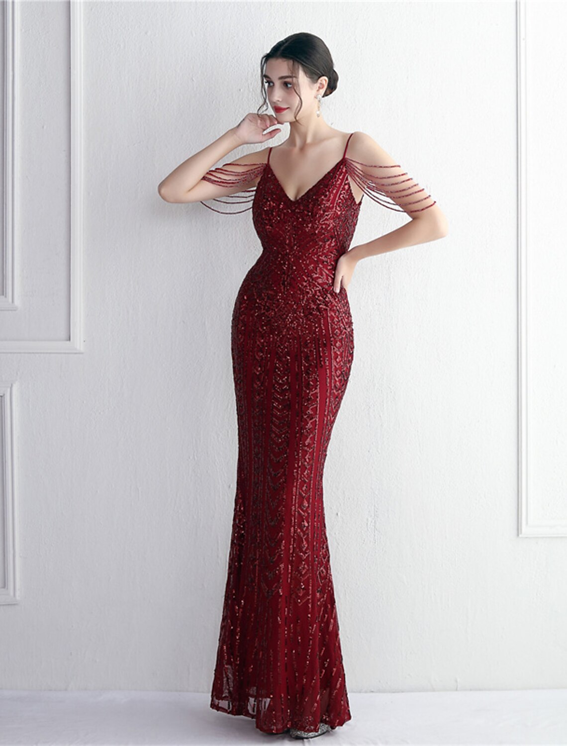 Meerjungfrau/Trompete Abendkleid Sparkle & Shine Kleid Formelle bodenlange Kurzarm Spaghettiträger Polyester mit Perlenbesatz Pailletten